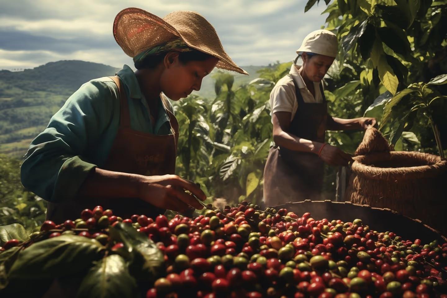 Coffee farmers pick and sort coffee cherries in big baskets